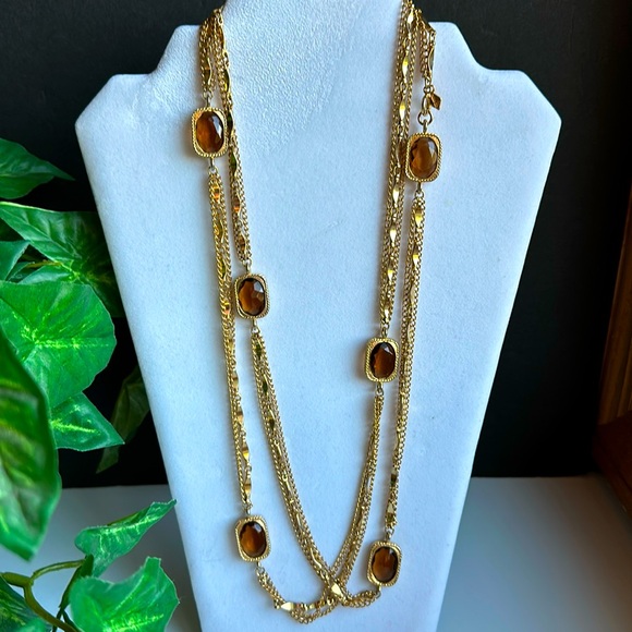 VTG 60’s Sarah Coventry Golden Embers Necklace Gold Tone w Topaz Amber Glass 52” - Picture 3 of 5